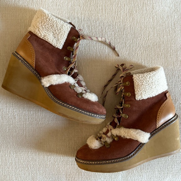 See by Chloe Boots Eileen Wedge Suede Sherpa Size 40